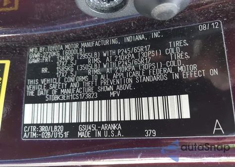 2012 Toyota Highlander Se V6 z USA, uszkodzony, nr VIN 5TDBK3EH1CS173823